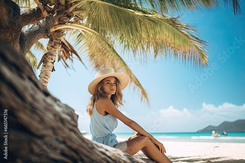 A young woman enjoying a summer vacation on a tropical beach, exuding beauty and happiness while basking in the sun.