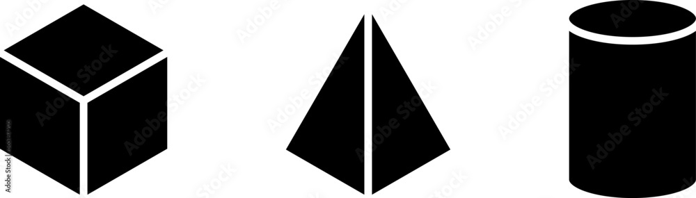 Basic Icon Set of Geometric Shapes including Cube Box Pyramid and Cylinder in 3D Style Perspective View. Vector Image. Basic Icon Set of Geometric Shapes including Cube Box Pyramid and Cylinder in 3D Style Perspective View. Vector Image.