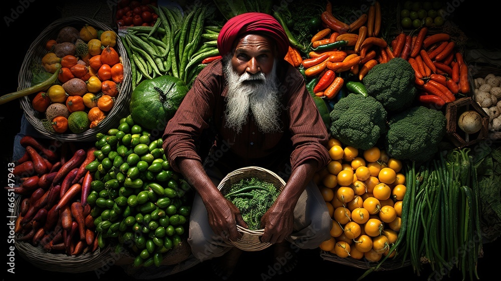 bright Portrait indian salesman of shopkeepers sitting in their shops on market with vegetables and spices AI - obrazy, fototapety, plakaty 