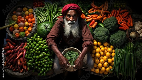 bright Portrait indian salesman of shopkeepers sitting in their shops on market with vegetables and spices AI photo