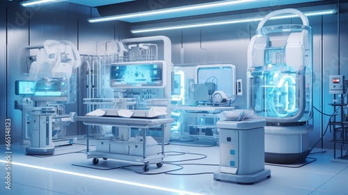 A high-tech medical lab with advanced equipment and a sterile  organized layout.