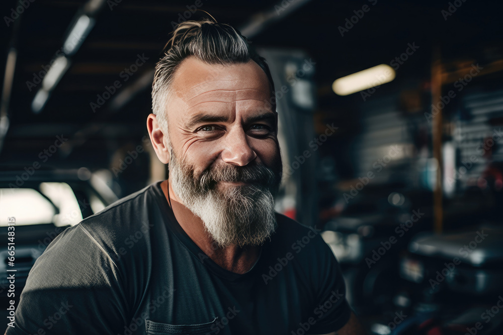 A mature and confident male technician in a professional garage, wearing an apron and inspecting an engine with a cheerful smile. A mature and confident male technician in a professional garage, wearing an apron and inspecting an engine with a cheerful smile.