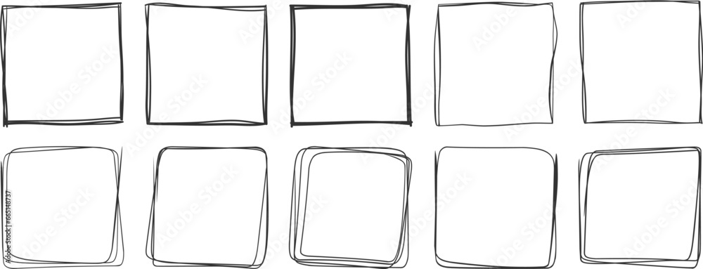 Rectangle doodle frame set. Doodle hand drawn wavy curve deformed textured frames. Border sketch. Vector illustration on a white background - obrazy, fototapety, plakaty 