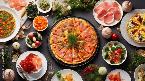 A holiday brunch buffet featuring a colorful array of dishes, from smoked salmon platters to quiches, ensuring a memorable and hearty Christmas morning. photo