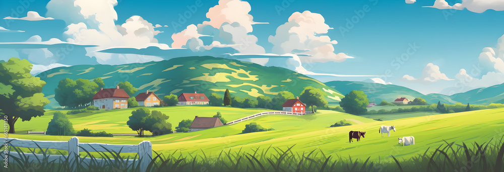 Rural panoramic landscape with a village and hills on a background of clouds, painting illustration style