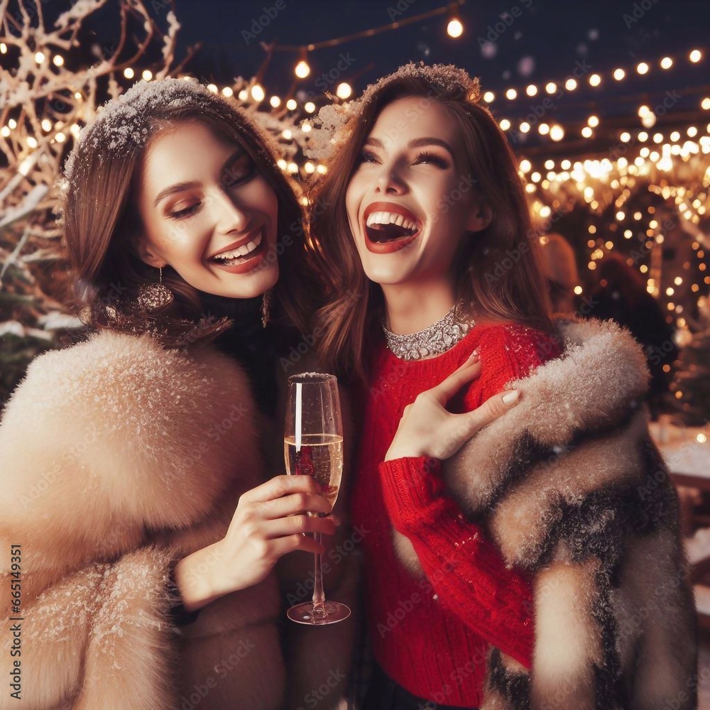 two women with champagne at night