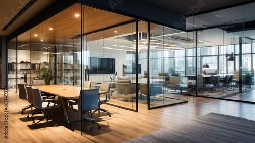 A legal office with a modern twist, featuring glass walls and open collaboration areas.