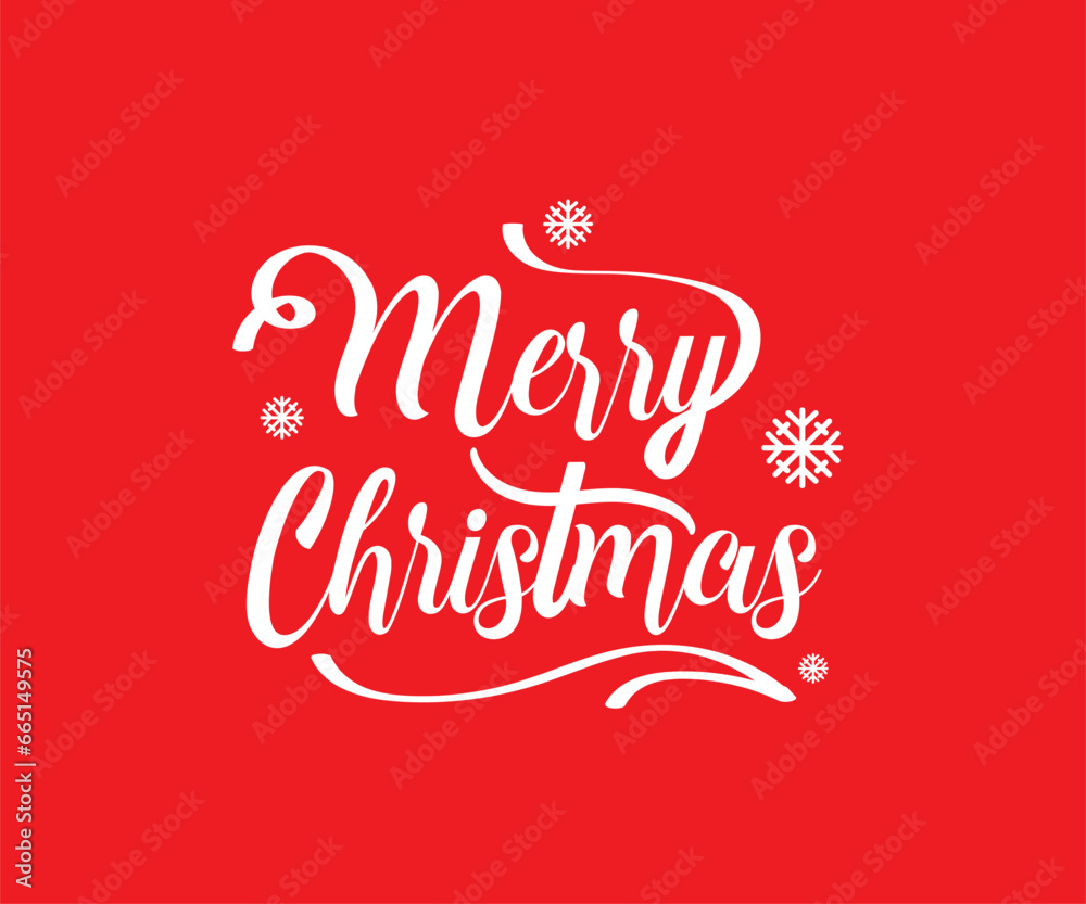 Merry Christmas, handwritten lettering. White text with snowflakes is isolated on a red background. Christmas holiday typography. Vector illustration.