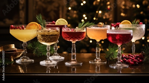 A montage of classic Christmas cocktails, including peppermint martinis, cranberry mimosas, and hot buttered rum, served in elegant glassware.