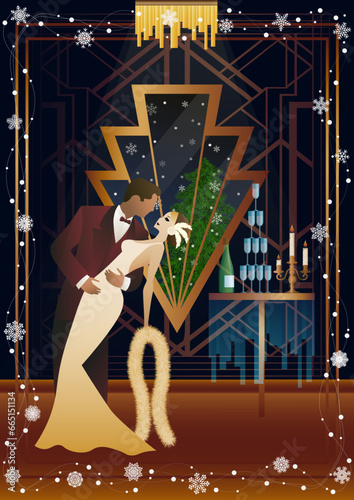 New Year s, Christmas party. A couple dances near a table with champagne, against the backdrop of a window with snowfall. Concept for holiday, winter holidays, New Year, Christmas