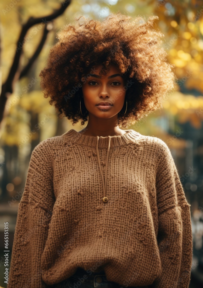 African woman wearing an oversized chunky knit sweater and jeans. Warm earth tones. African woman wearing an oversized chunky knit sweater and jeans. Warm earth tones.