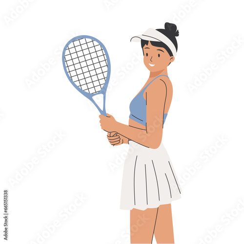 Smiling handsome cartoon girl playing tennis with racket. Time for playing tennis and stretching. © Anastasiia