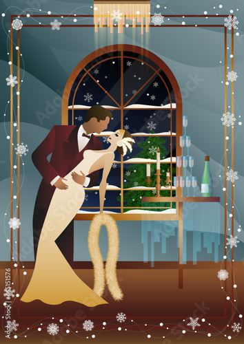 New Year s, Christmas party. A couple dances near a table with champagne, against the backdrop of a window with snowfall. Concept for holiday, winter holidays, New Year, Christmas