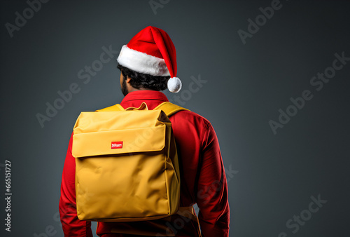 Express Shipping, courier worker delivering, shipping Christmas parcel, portrait courier, Online shopping, Big sale Christmas, packing goods, delivering gifts, delivery wear backpack, huge bag