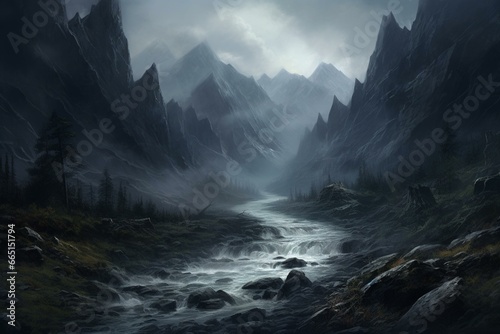 eerie landscape with dark background, misty river, and mountain gorge. Generative AI