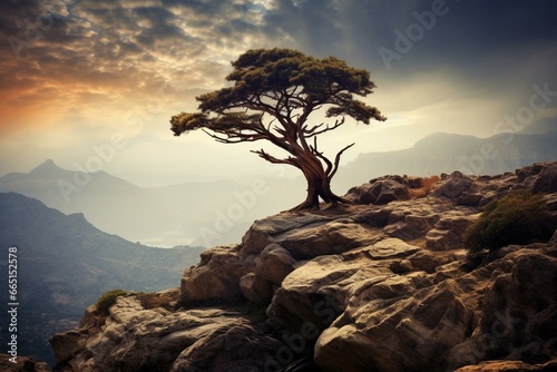 Majestic tree standing atop rugged peak. Generative AI