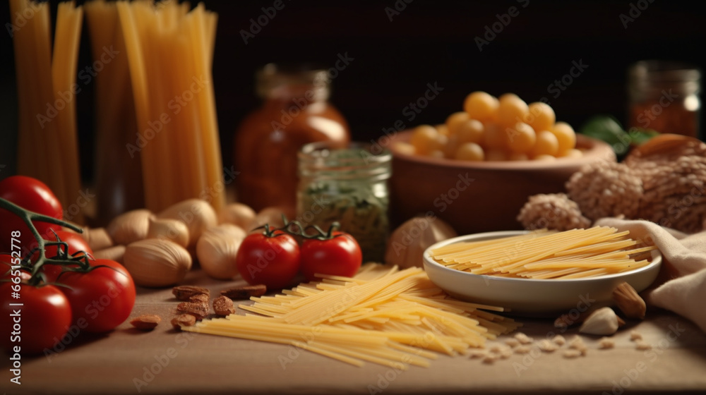 Fototapeta premium Pâtes crues italiennes. Plat, nourriture, cuisine. Pour conception et création graphique. 