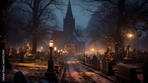 A peaceful churchyard at twilight, with luminaries lining the path to a midnight Christmas Eve service photo