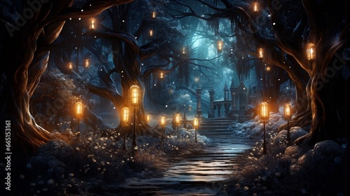A peaceful winter forest with a hidden pathway illuminated by lanterns, inviting a magical adventure © nomi_creative