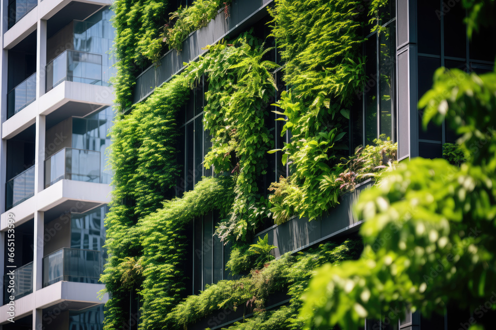 Green architecture. Skyscraper building with plants growing on facade. Vertical green plants growing on tall building wall, bringing life and beauty to the urban environment. Sustainable living wall