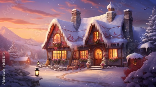 A picturesque scene of a winter wonderland, with a picturesque cottage in the snow, adorned with twinkling lights and the aroma of freshly baked holiday treats.