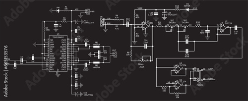 Schematic diagram of electronic device.
Vector drawing electrical circuit with operational amplifier, 
led, integrated circuit, capacitor, resistor,
and other electronic components.