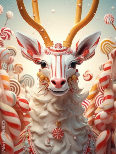 AI generated illustration of a fun and whimsical deer made from colorful candy in candyland s