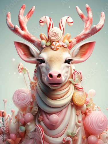 AI generated illustration of a fun and whimsical deer made from colorful candy in candyland s