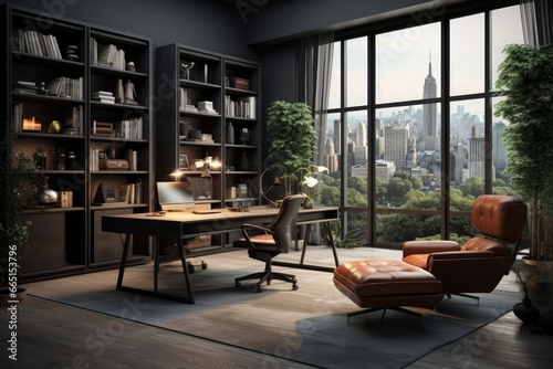 Downtown Workspace Overlooking Cityscape: Wooden Desk, Elegant Bookshelves, Leather Lounge Chair, and Panoramic Windows with Urban View