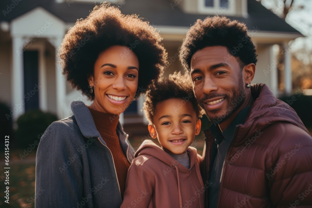 Portrait of a young family standing in front of a house Portrait of a young family standing in front of a house