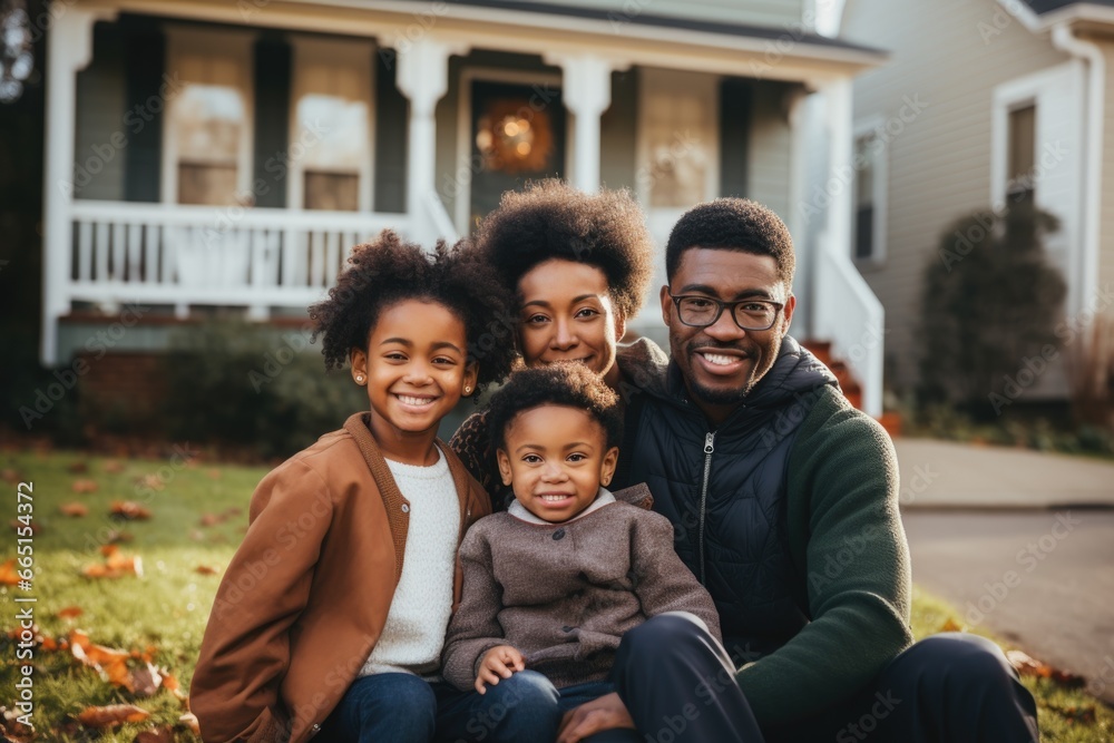 Portrait of a young family standing in front of a house Portrait of a young family standing in front of a house