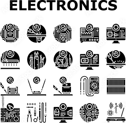 electronics technician technology icons set vector. engineer repair, circuit service, board hardware, worker maintenance, computer electronics technician technology glyph pictogram Illustrations