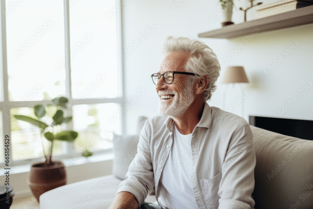 Happy senior man sitting on the couch at home Happy senior man sitting on the couch at home