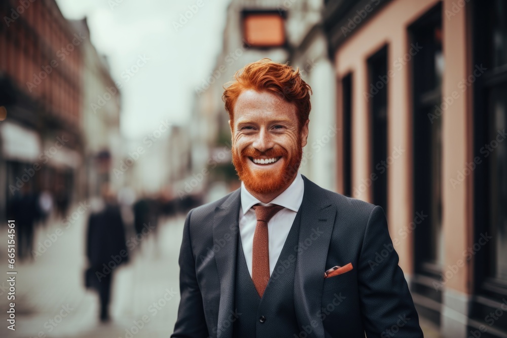 Portrait of a young redhead businessman in the city