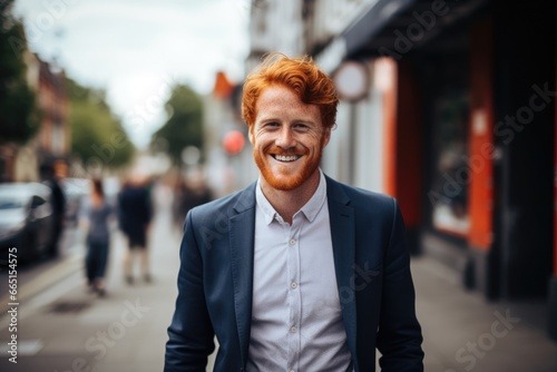 Portrait of a young redhead businessman in the city