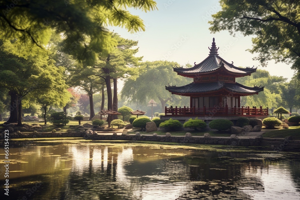 Serene park featuring a traditional pagoda. Generative AI