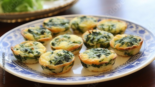A plate of miniature, bite-sized quiches, filled with spinach and feta, making a delightful addition to any Christmas brunch or holiday gathering.