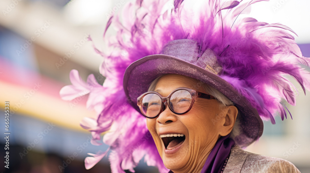 An elderly woman wearing a purple feathered hat and glasses. Generative AI.