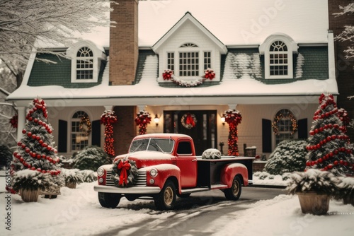 Front view of a house decorated for the Christmas and new year holidays