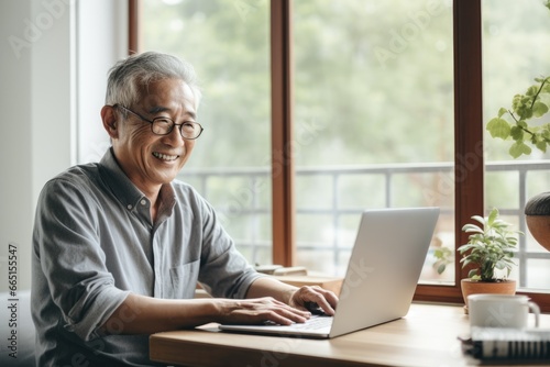 Happy senior man using the laptop at home