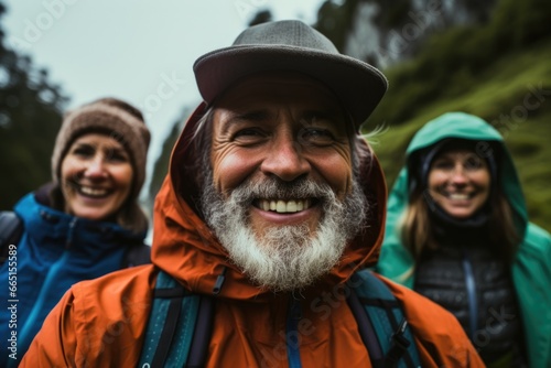 Portrait of a smiling elderly man hiking in the forest with his family
