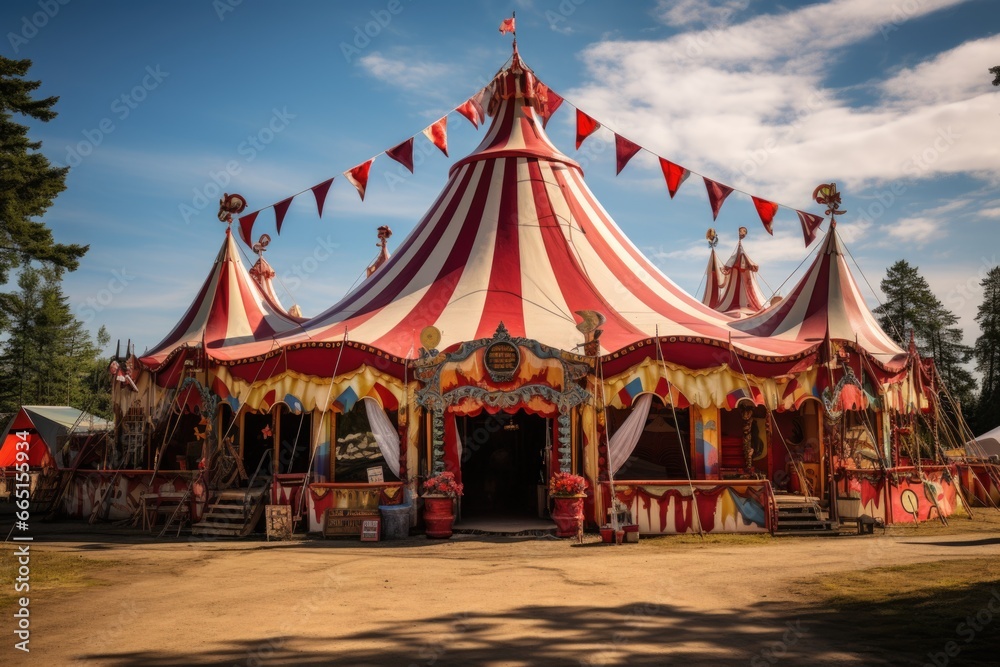 Circus tent against the blue sky with clouds. Circus poster, poster. World Circus Day. Generated by artificial intelligence - obrazy, fototapety, plakaty 