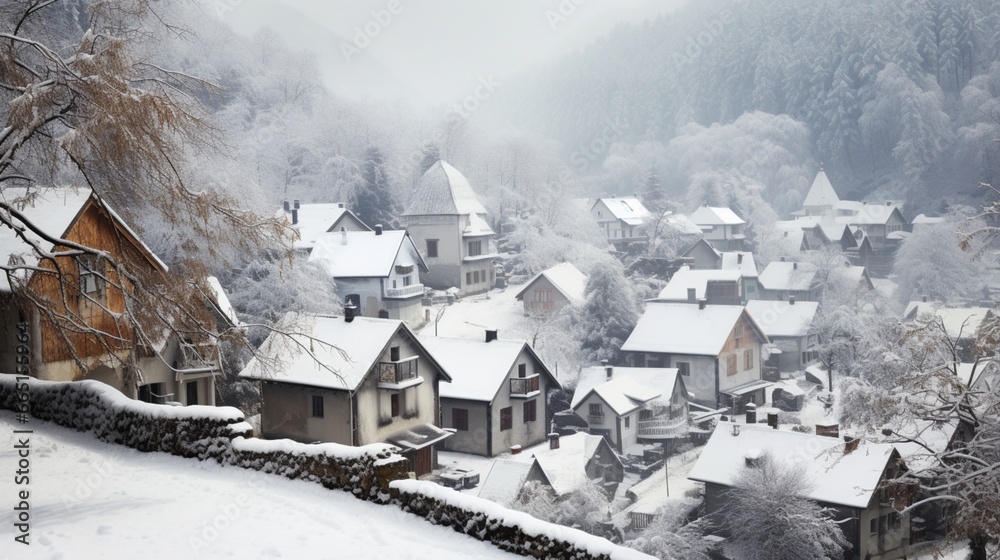A quaint village in the midst of a snowfall, where every roof is a canvas of white.