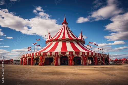 Circus tent against the blue sky with clouds. Circus poster, poster. World Circus Day. Generated by artificial intelligence
