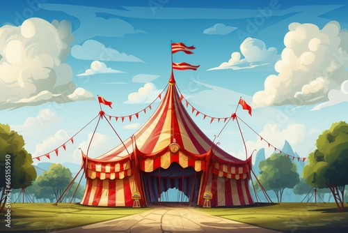 Circus tent against the blue sky with clouds. Circus poster, poster. World Circus Day. Generated by artificial intelligence