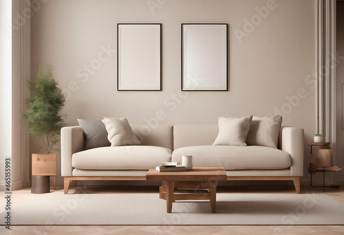 Modern interior with sofa behind accent wall with mock up poster in a living room. AI generated. © Julia Vadi