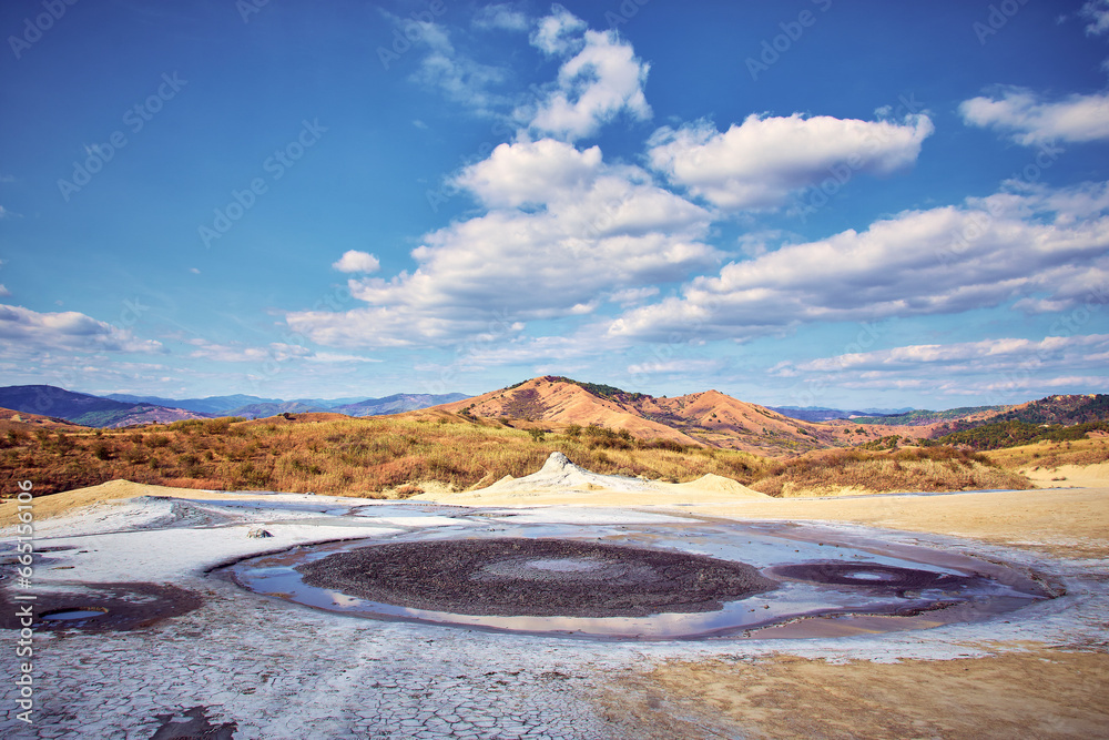 cones of mud volcanoes from which rivers of mud flow