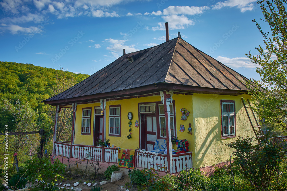 the beautiful house in the country with flowering trees in spring in Romania