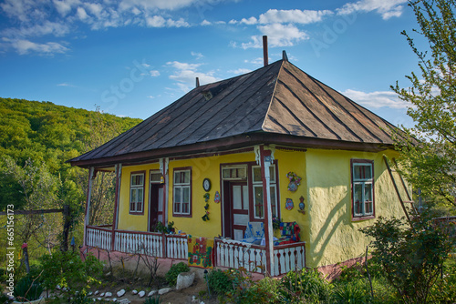 Obraz na płótnie the beautiful house in the country with flowering trees in spring in Romania w salonie