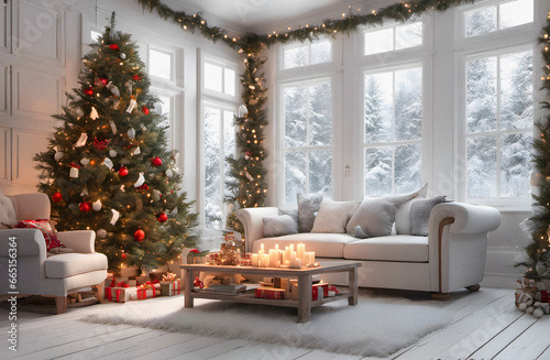 Christmas decoration and new year tree in a house with fireplace. AI generated.